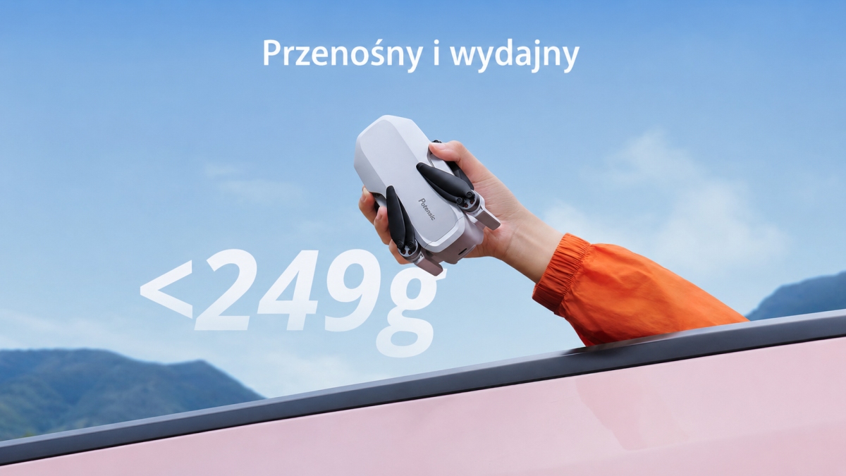 Potensic ATOM LT – składany dron o wadze poniżej 249 g trzymany w dłoni.