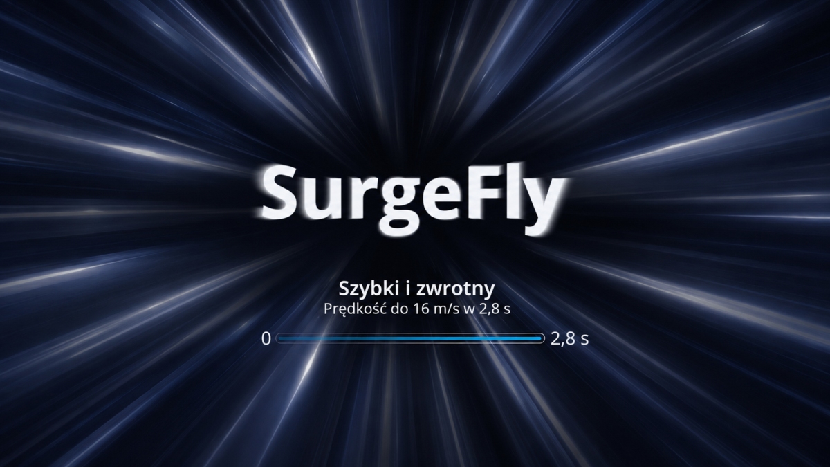 Tryb SurgeFly w dronie Potensic ATOM LT – prędkość do 16 m/s osiągana w 2,8 sekundy.