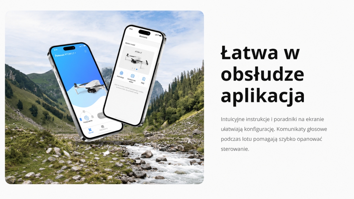 Aplikacja mobilna do obsługi drona Potensic ATOM LT z instrukcjami i poradnikami na ekranie.
