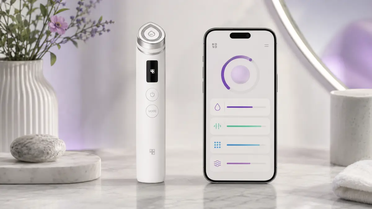 Medicube AGE-R Booster Pro białe urządzenie do pielęgnacji twarzy obok smartfona z aplikacją AGE-R