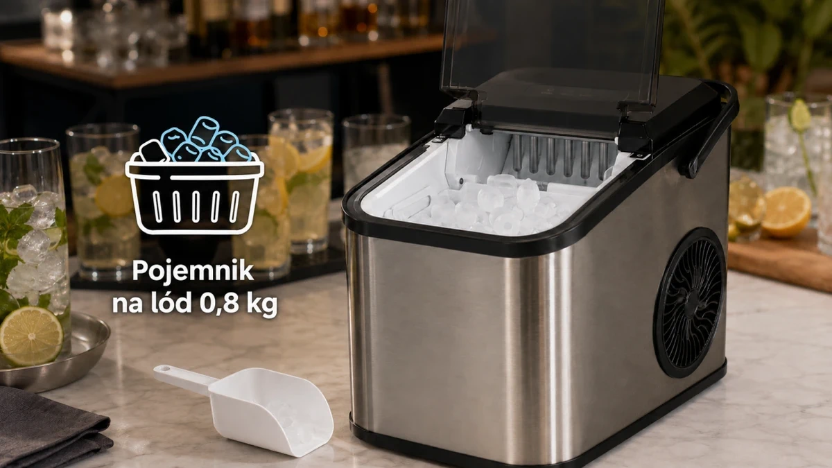 Otwarta kostkarka Extralink Home z pojemnikiem mieszczącym do 0,8 kg lodu.