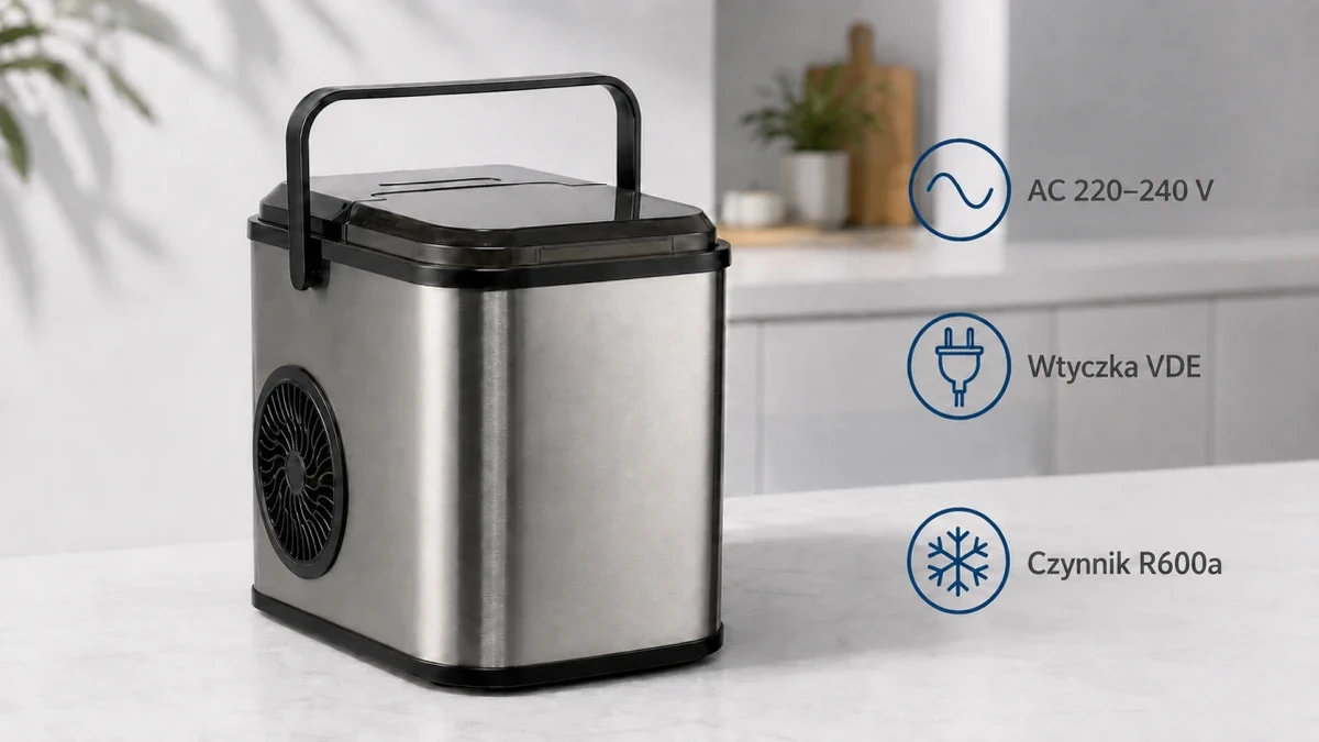 Kostkarka Extralink Home zasilana napięciem AC 220–240 V i wyposażona we wtyczkę VDE.