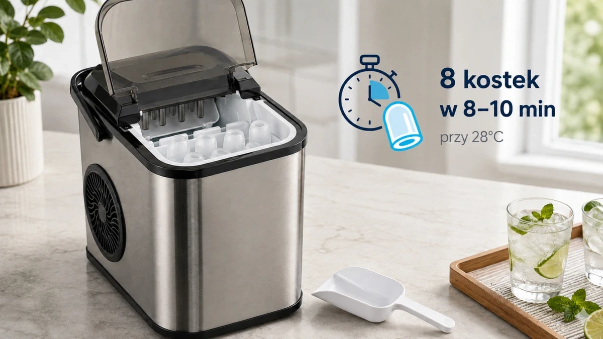 Kostkarka Extralink Home przygotowująca 8 kostek lodu w ciągu 8–10 minut przy temperaturze 28°C.