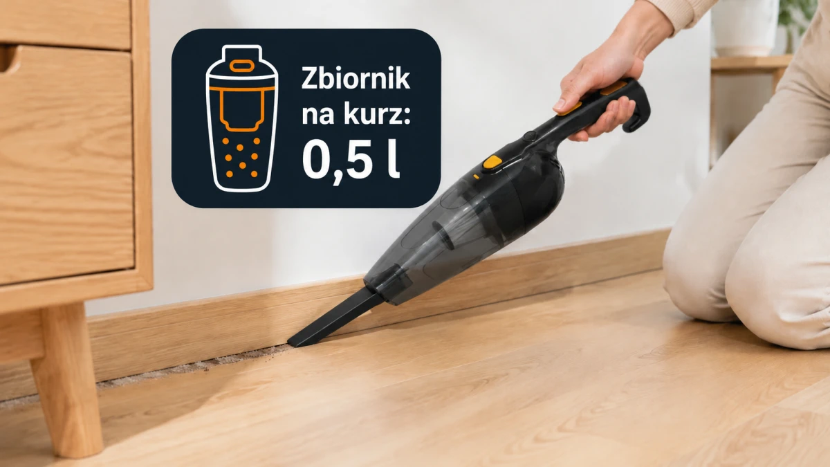 Kézi porszívó résszívó fejjel, szegélyléc portalanítása közben – 0,5 l-es portartály.