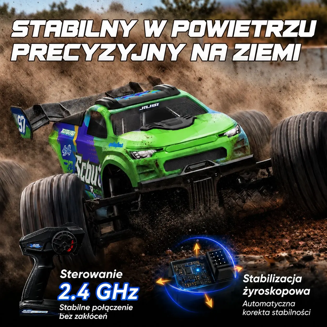 Samoch&oacute;d RC podczas dynamicznej jazdy terenowej z aparaturą sterującą i modułem stabilizacji.