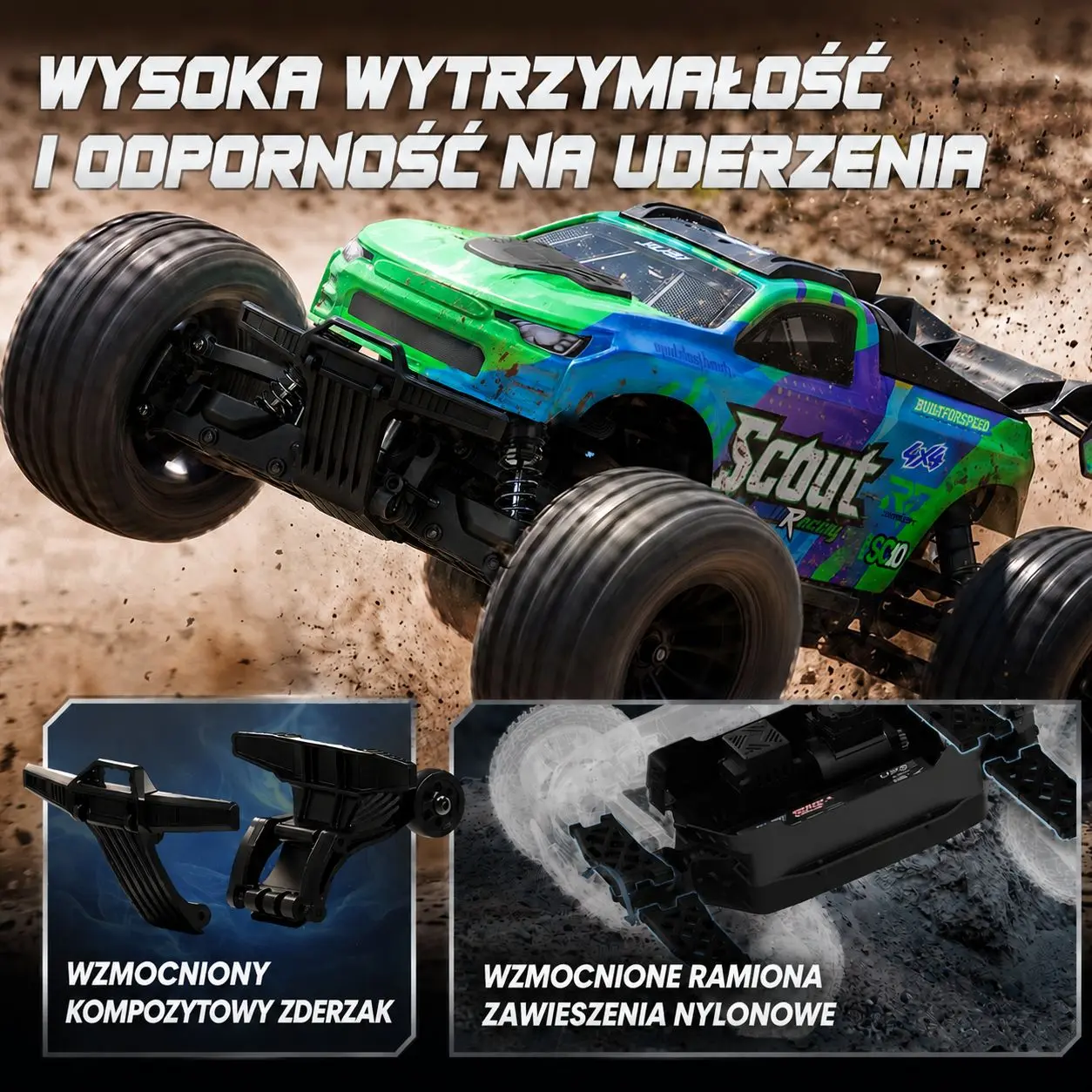 Samoch&oacute;d RC pokonujący nier&oacute;wny teren oraz zbliżenia wzmocnionego zderzaka i element&oacute;w zawieszenia.