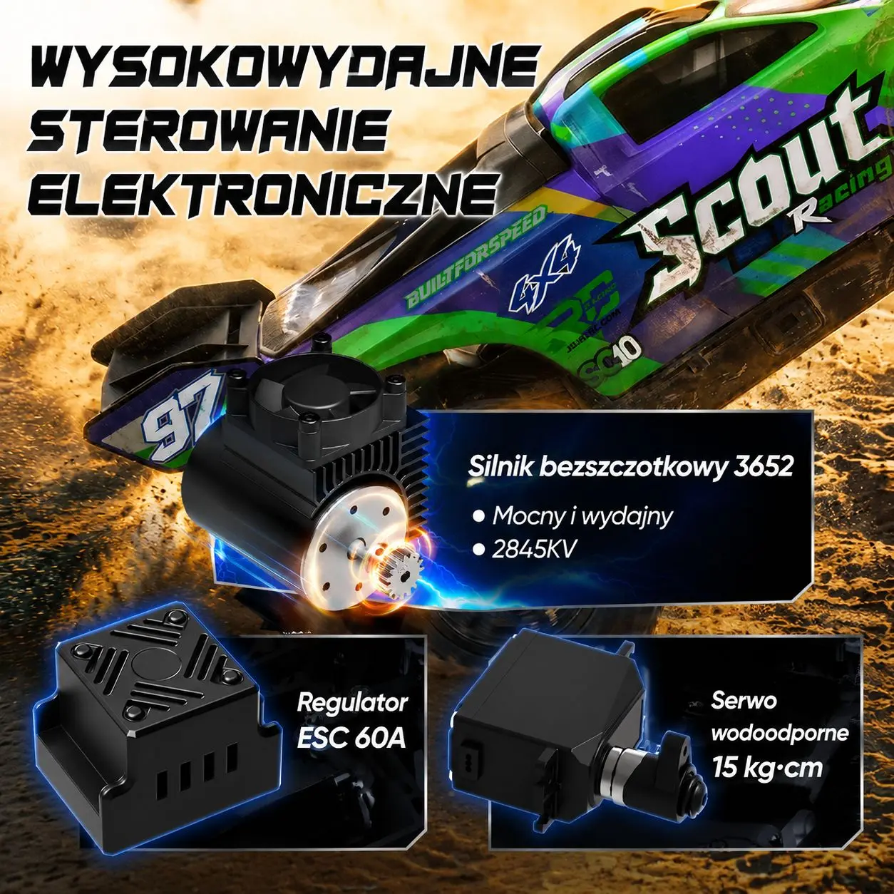 Samoch&oacute;d RC w terenie z prezentacją silnika bezszczotkowego, regulatora ESC i serwa.