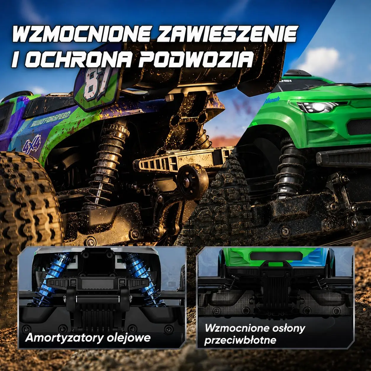 Zbliżenie zawieszenia samochodu RC z amortyzatorami olejowymi oraz osłonami podwozia.