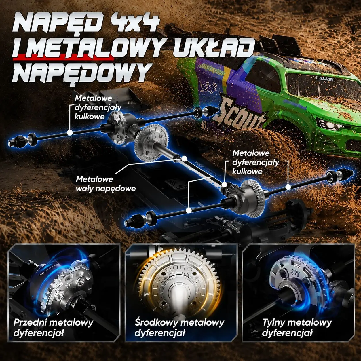Samoch&oacute;d RC z rozłożonym układem napędowym, metalowymi wałami i trzema mechanizmami r&oacute;żnicowymi.