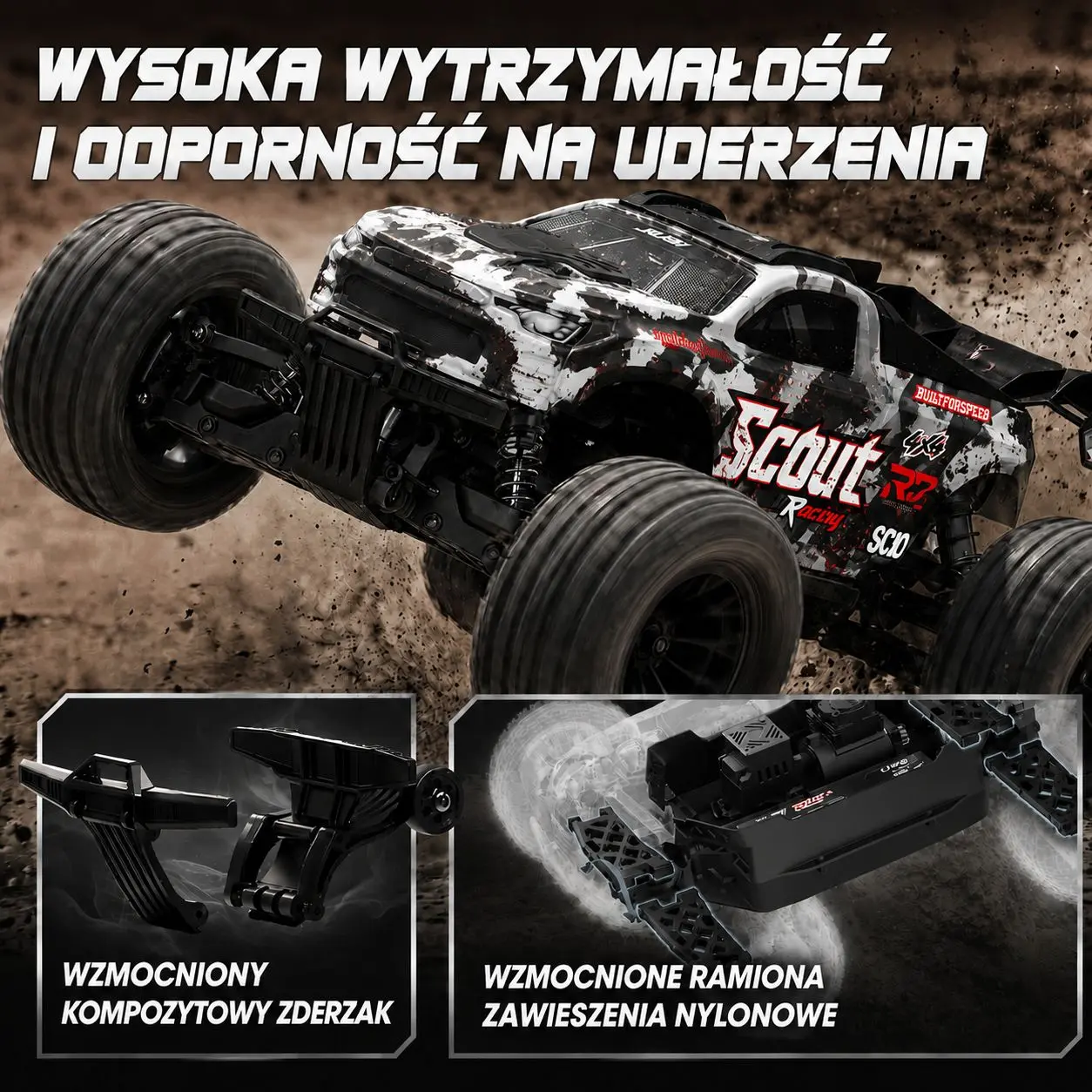 Samoch&oacute;d RC pokonujący nier&oacute;wny teren oraz zbliżenia wzmocnionego zderzaka i element&oacute;w zawieszenia.