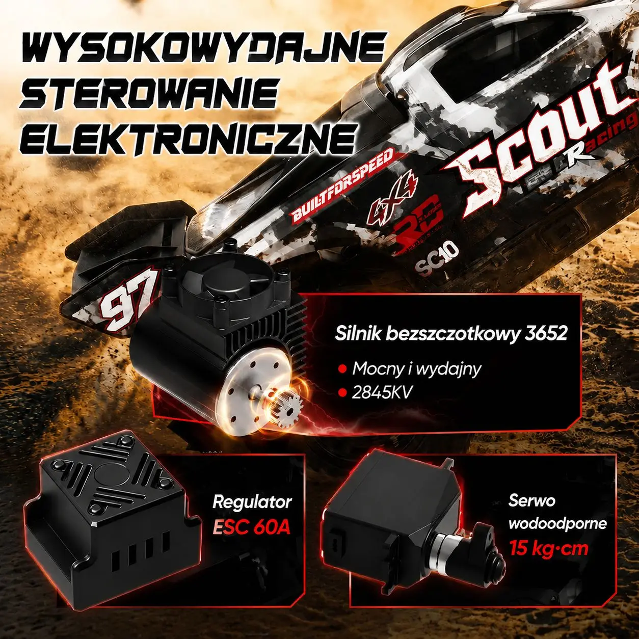 Samoch&oacute;d RC w terenie z prezentacją silnika bezszczotkowego, regulatora ESC i serwa.