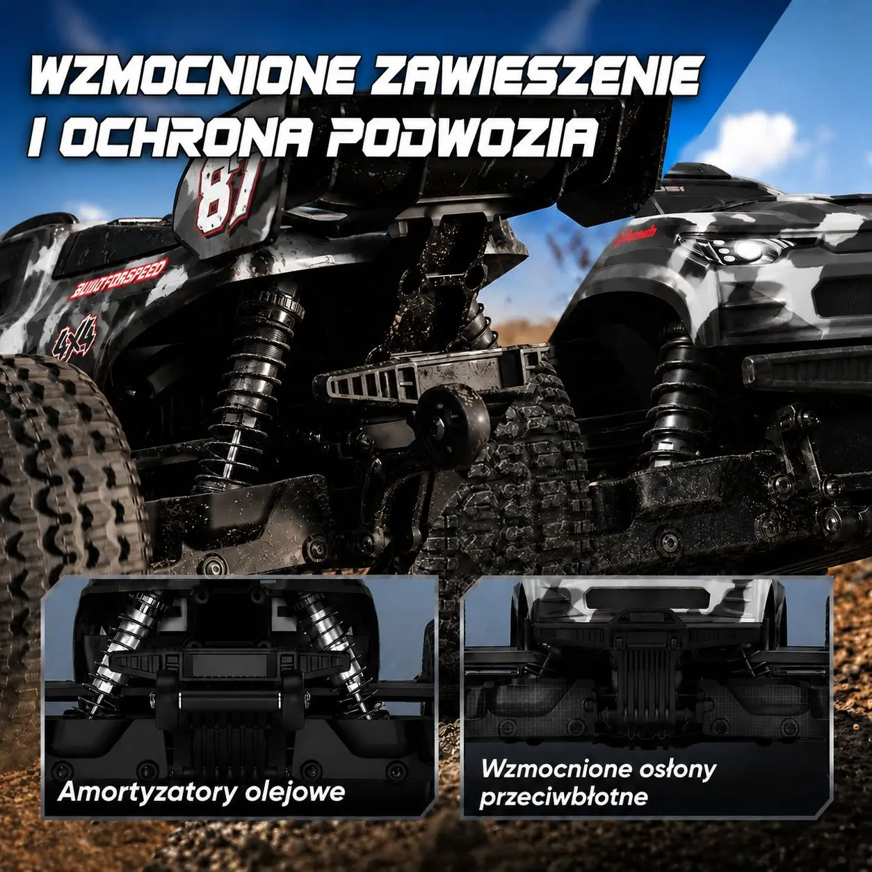 Zbliżenie zawieszenia samochodu RC z amortyzatorami olejowymi oraz osłonami podwozia.