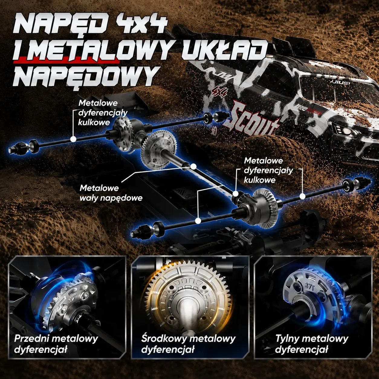 Samoch&oacute;d RC z rozłożonym układem napędowym, metalowymi wałami i trzema mechanizmami r&oacute;żnicowymi.