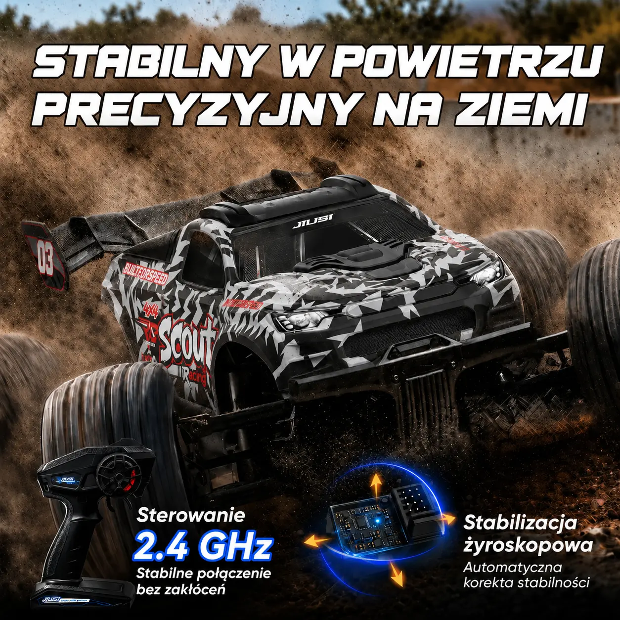 Samoch&oacute;d RC podczas dynamicznej jazdy terenowej z aparaturą sterującą i modułem stabilizacji.