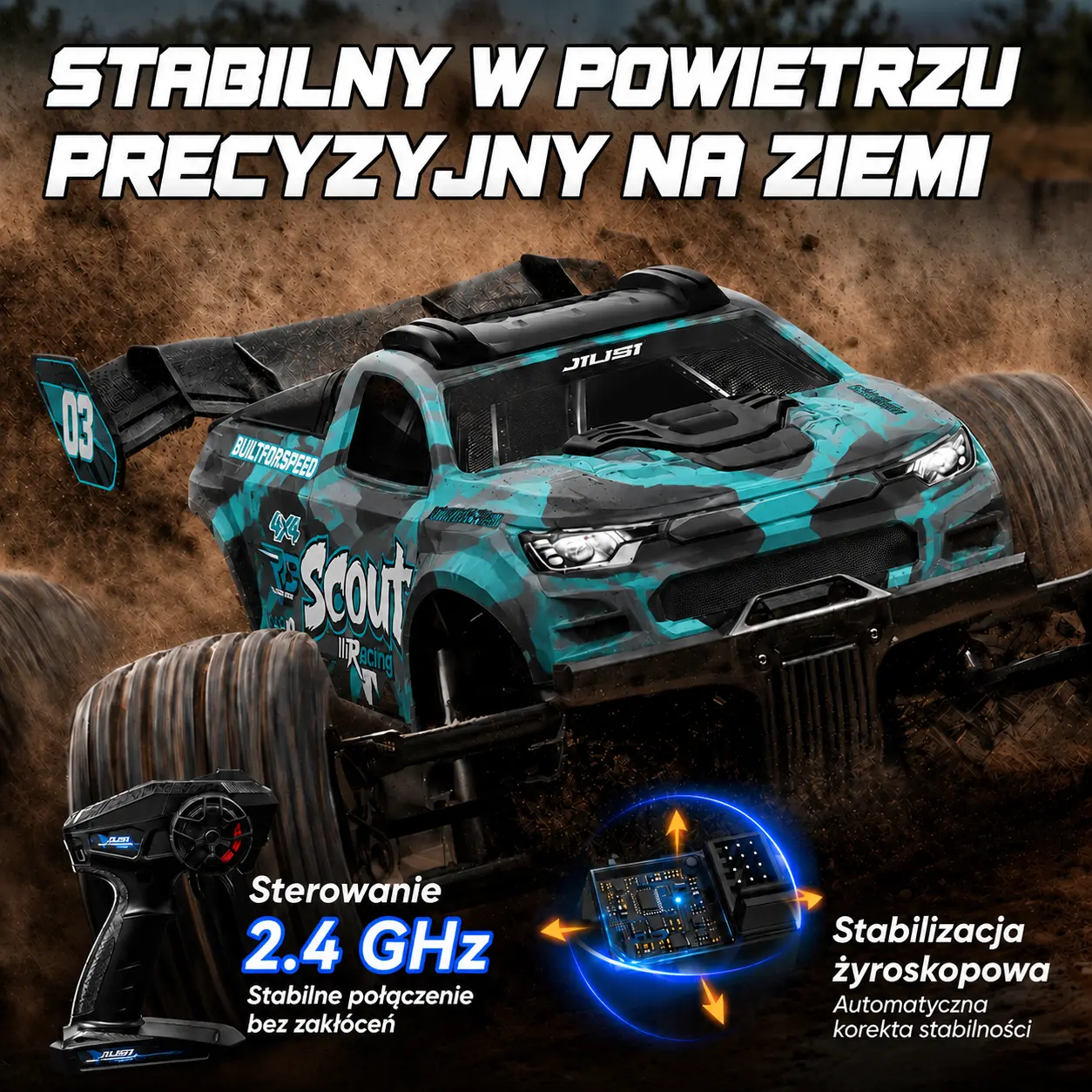 Samochód RC podczas dynamicznej jazdy terenowej z aparaturą sterującą i modułem stabilizacji.