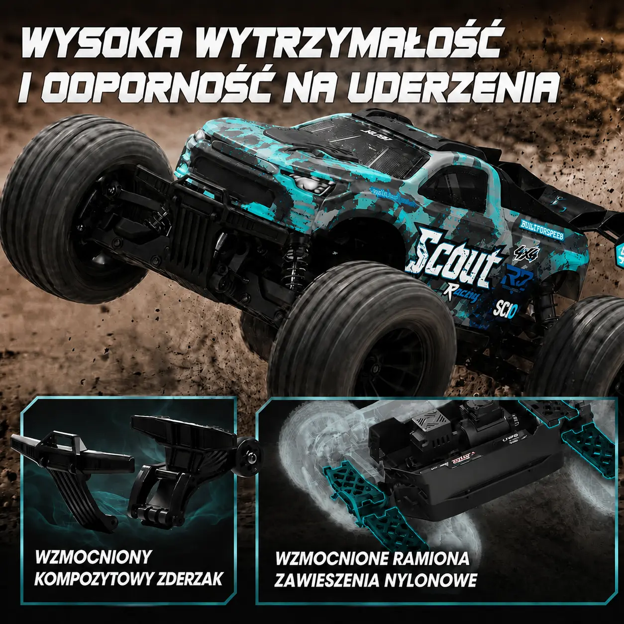 Samochód RC pokonujący nierówny teren oraz zbliżenia wzmocnionego zderzaka i elementów zawieszenia.