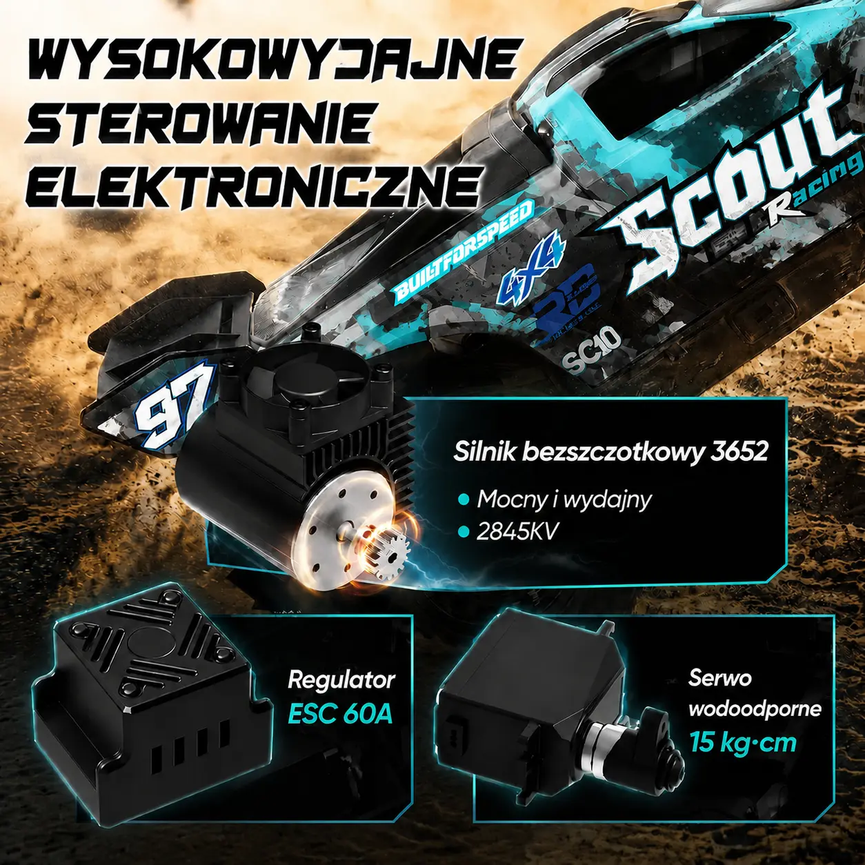 Samochód RC w terenie z prezentacją silnika bezszczotkowego, regulatora ESC i serwa.