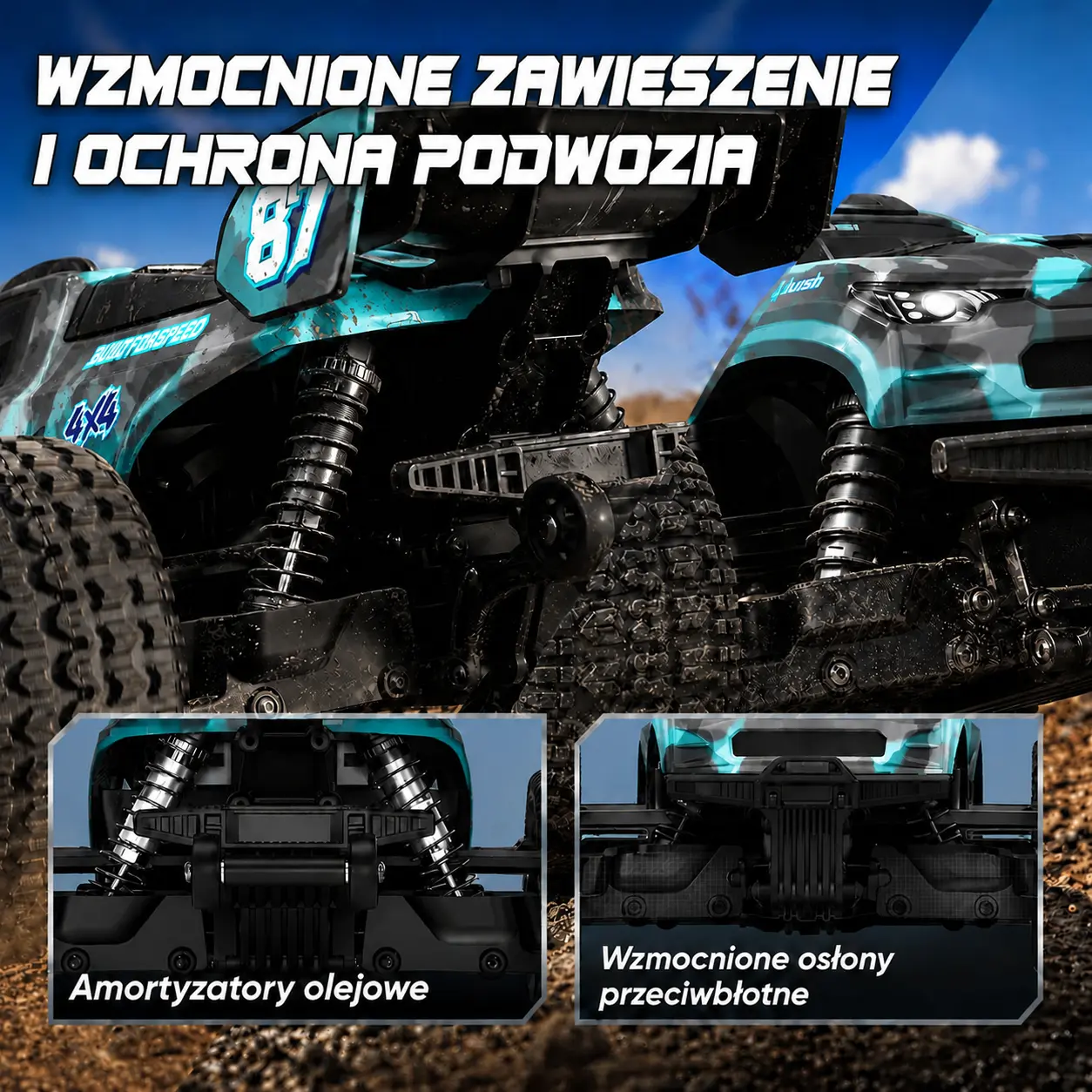 Zbliżenie zawieszenia samochodu RC z amortyzatorami olejowymi oraz osłonami podwozia.