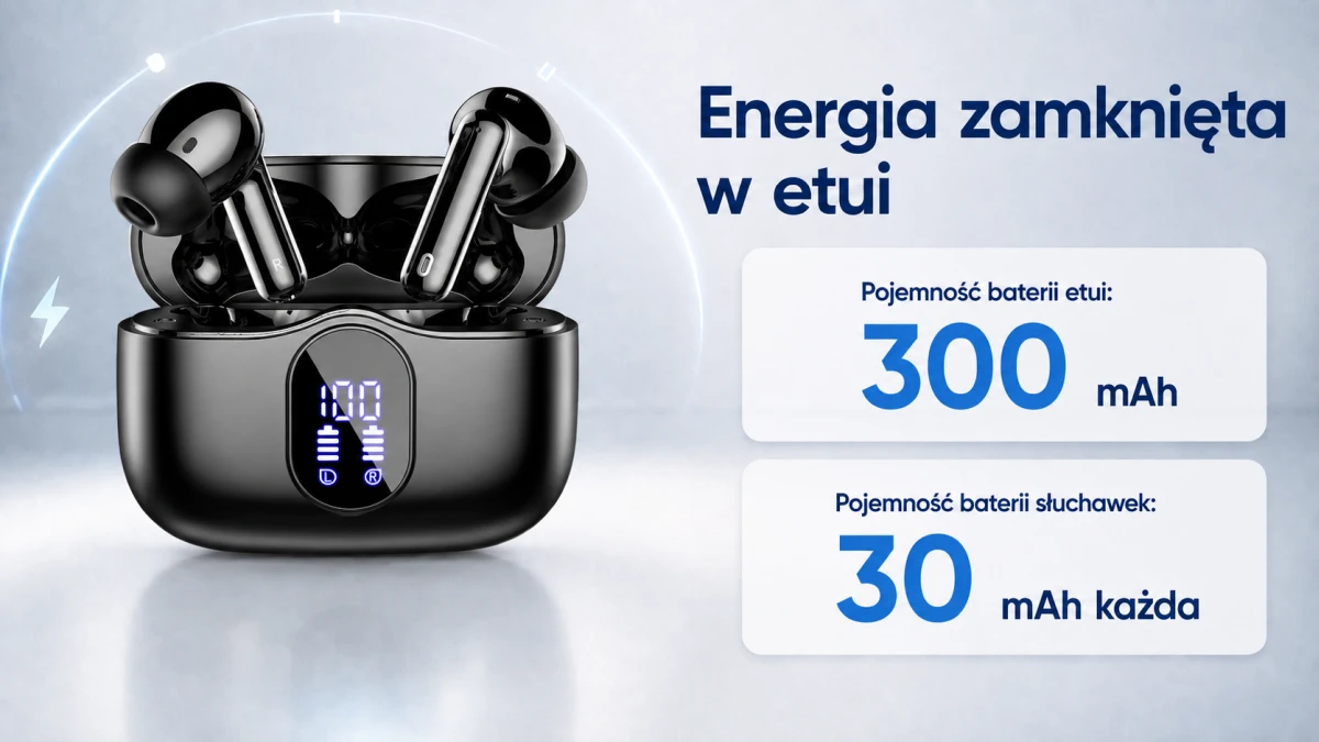Estojo de carregamento preto Extralink PixelBuds com bateria de 300 mAh e fones com baterias de 30 mAh