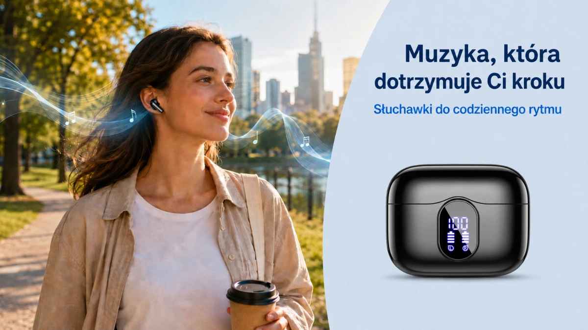 Mulher fazendo uma chamada por meio dos fones pretos Extralink PixelBuds com microfone embutido