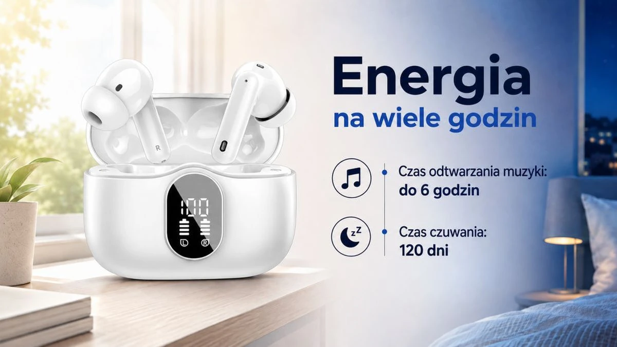 Fones de ouvido brancos Extralink Lifestyle PixelBuds com visor, tempo de reprodução de até 6 horas e espera de até 120 dias