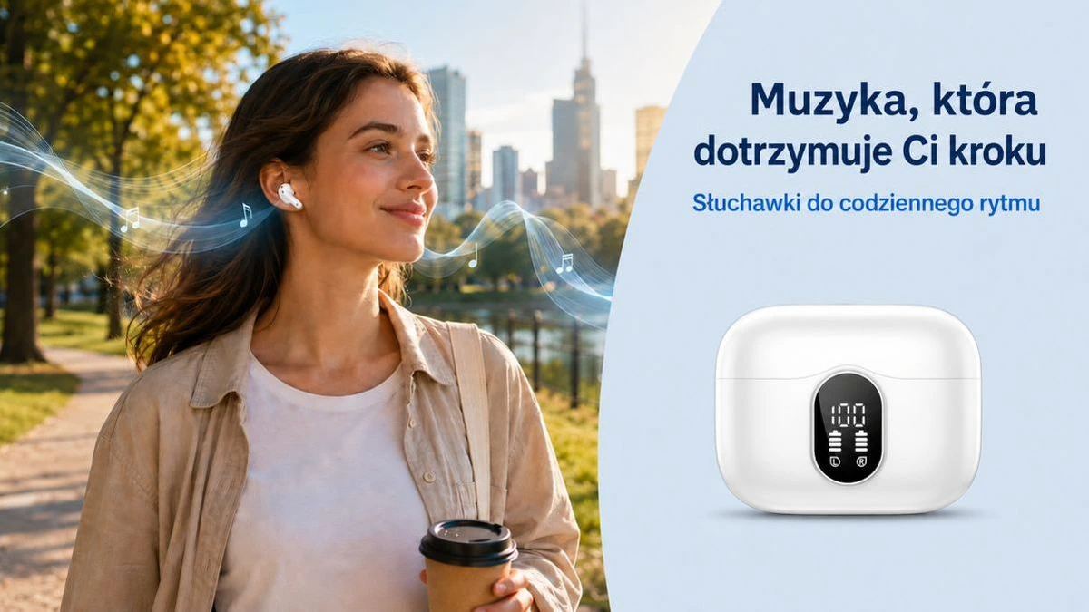 Mulher fazendo uma chamada por meio dos fones brancos Extralink PixelBuds com microfone embutido