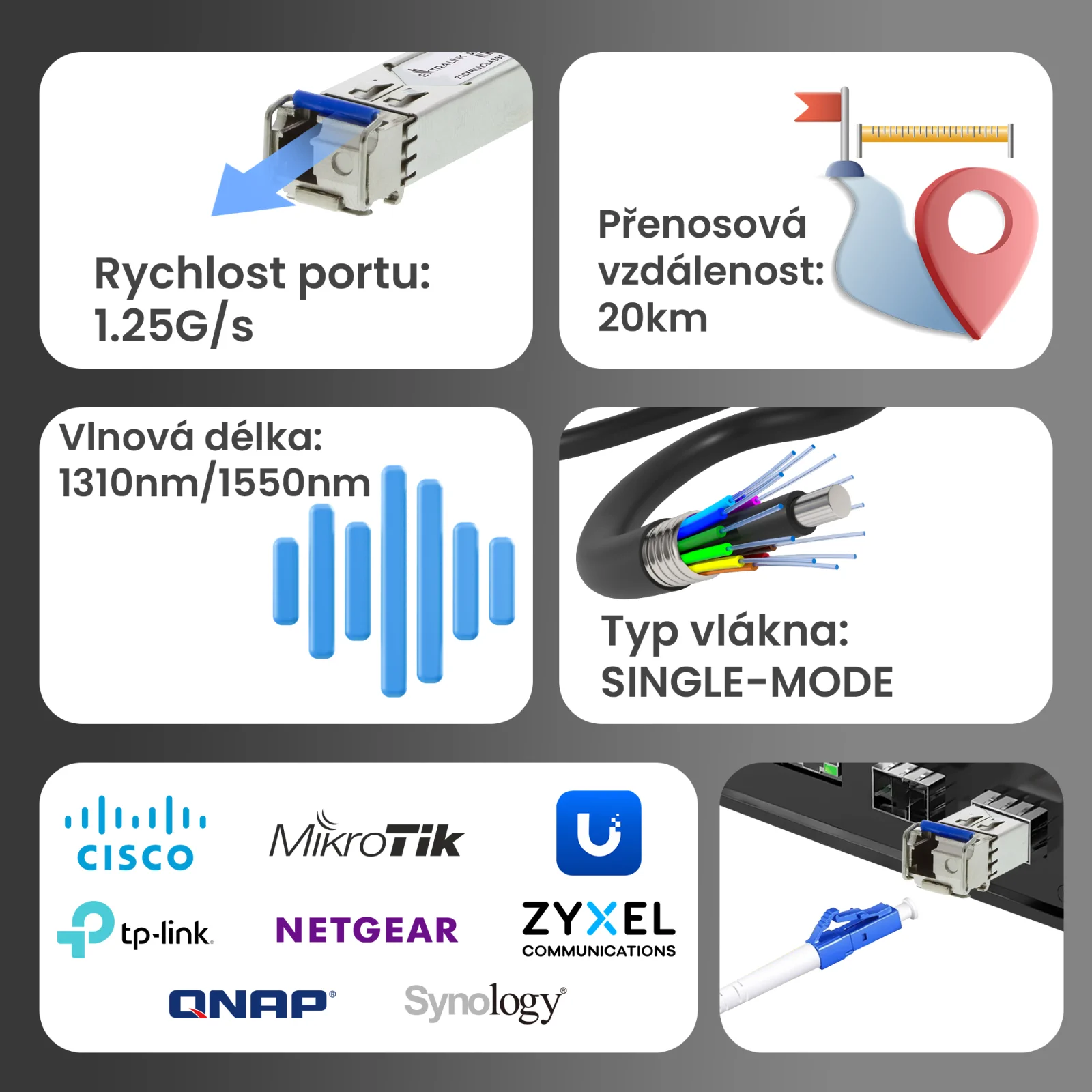 Kl&iacute;čov&eacute; parametry extralink SFP modulu (rychlost, vzd&aacute;lenost, vlnov&aacute; d&eacute;lka, typ vl&aacute;kna)