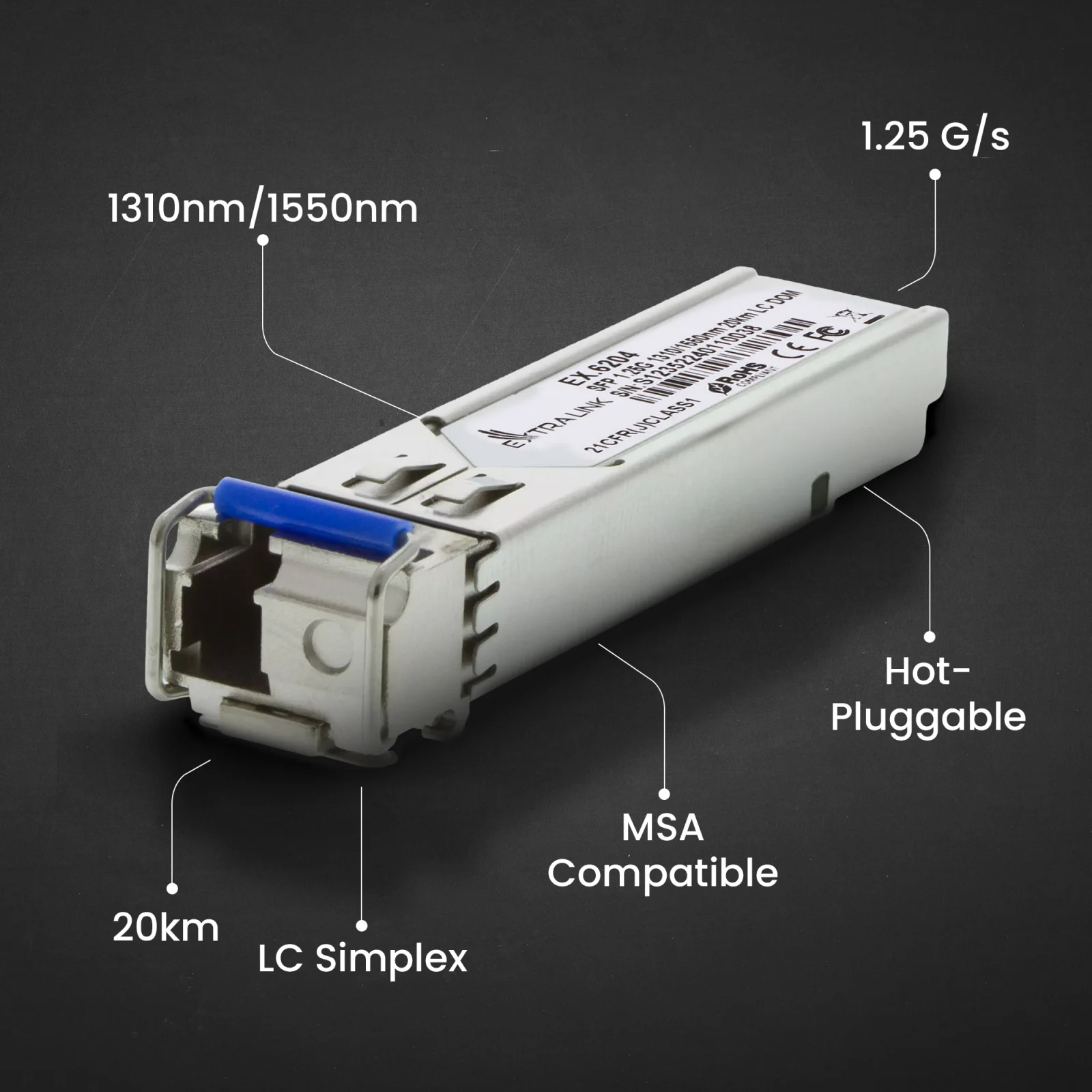 Detalle del m&oacute;dulo SFP extralink con etiquetas que indican sus especificaciones