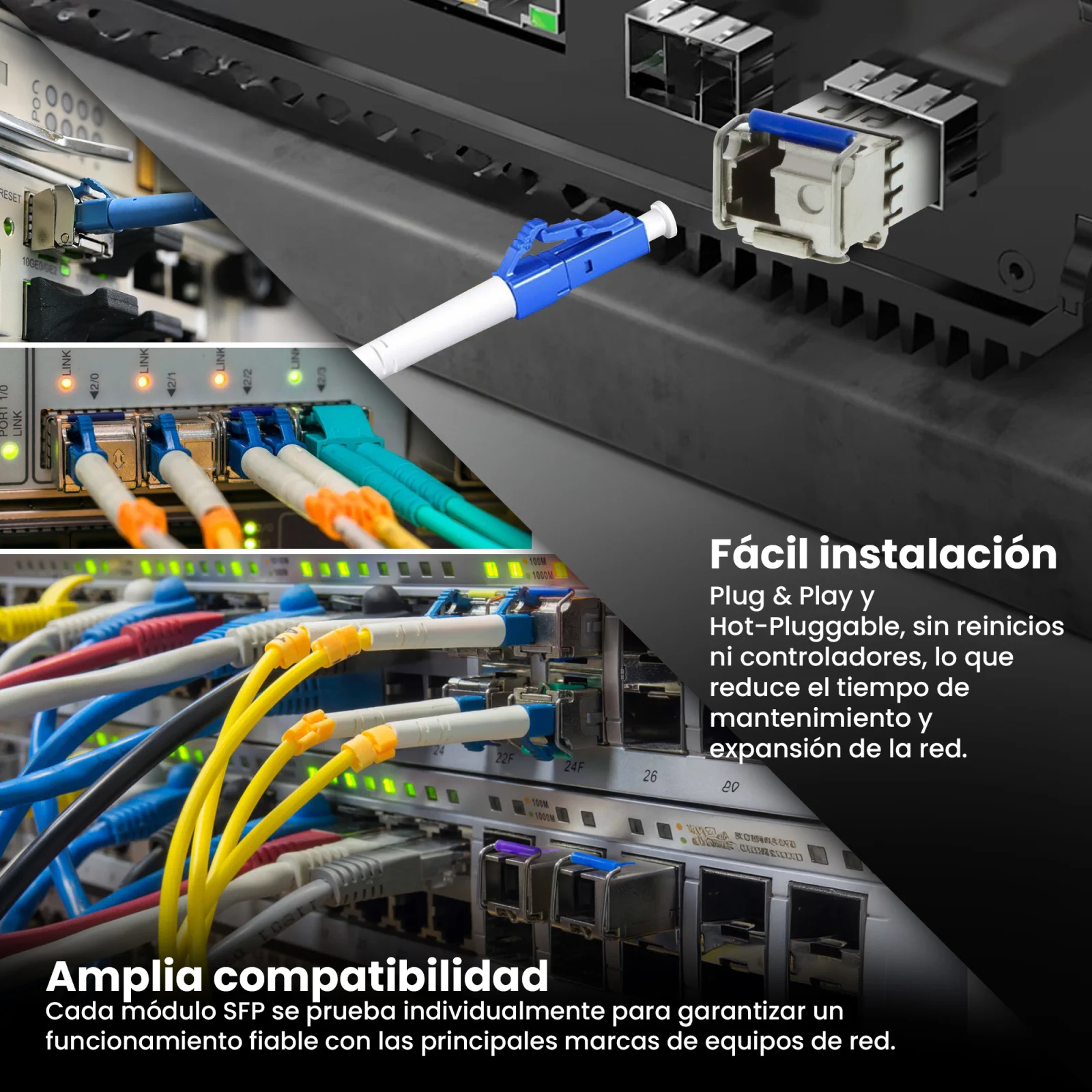 Collage de fotos de una sala/rack de servidores con m&uacute;ltiples cables y switches conectados y m&oacute;dulos sfp extralink.