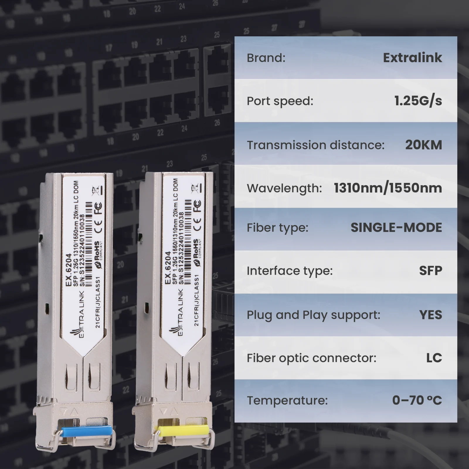 dois módulos Extralink SFP (transceptores de fibra) e um quadro com as respectivas especificações técnicas