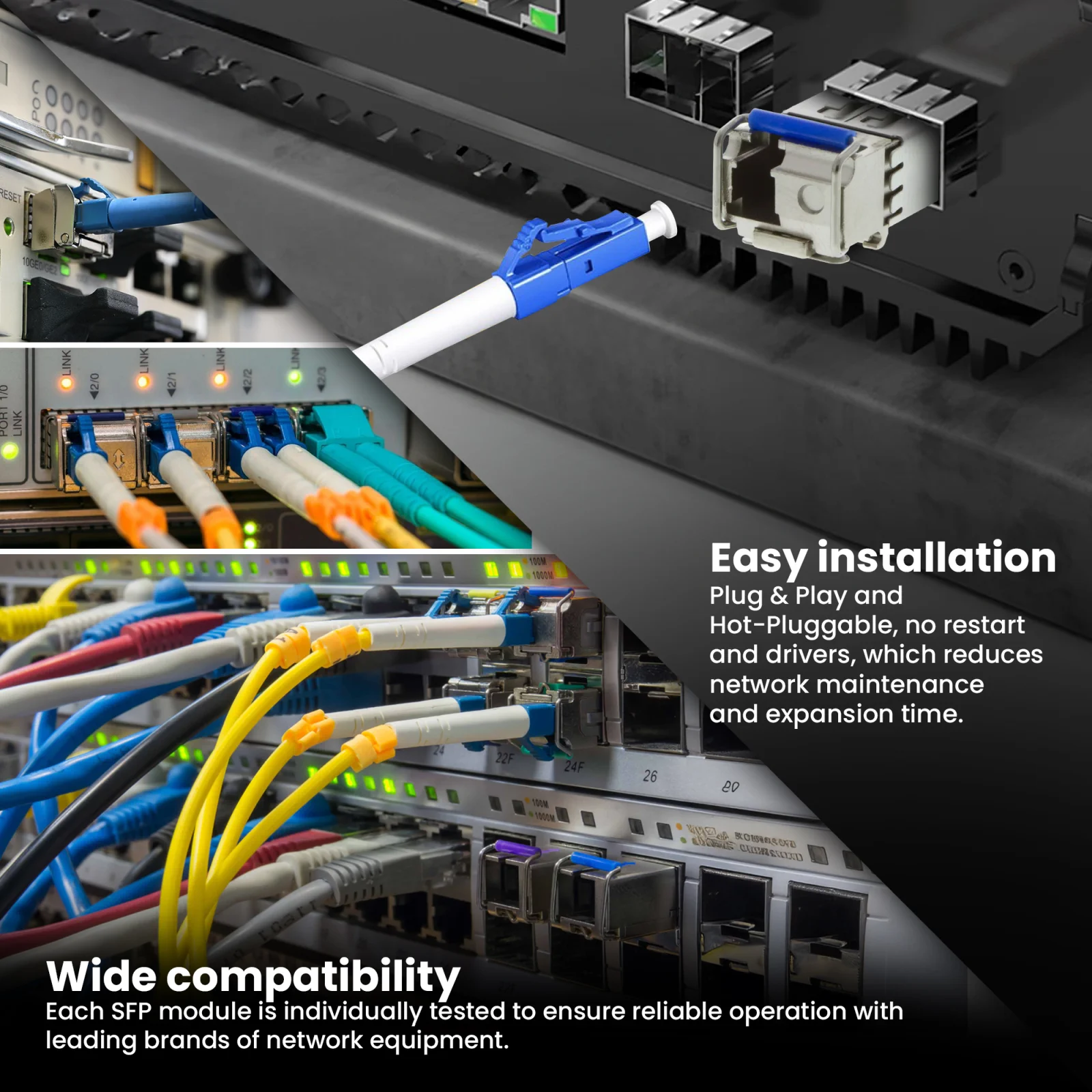 Colagem de fotografias de uma sala/rack de servidor com vários cabos ligados e comutadores extralink e módulos sfp