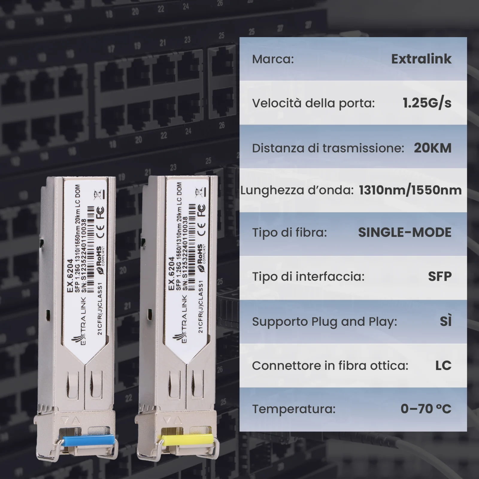due moduli SFP Extralink (ricetrasmettitori in fibra) e una tabella con le relative specifiche tecniche