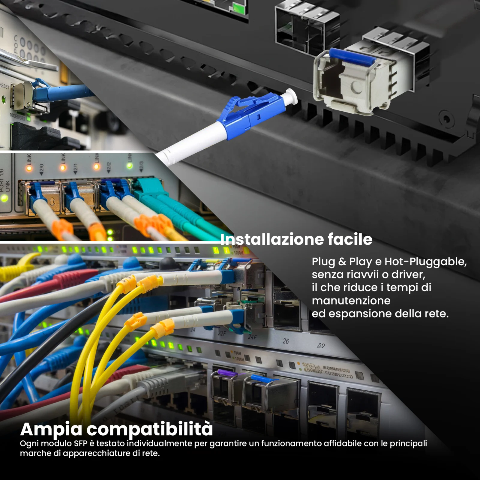 Collage di foto di una sala server/rack con più cavi e switch collegati e moduli sfp extralink